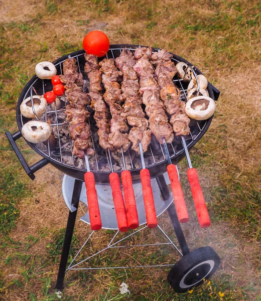 Shish kebab preparado sobre um churrasco de carvão em forma redonda preta — Fotografia de Stock