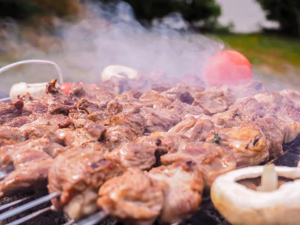 Shish kebab tillagas över en svart rund formad träkol grill — Stockfoto