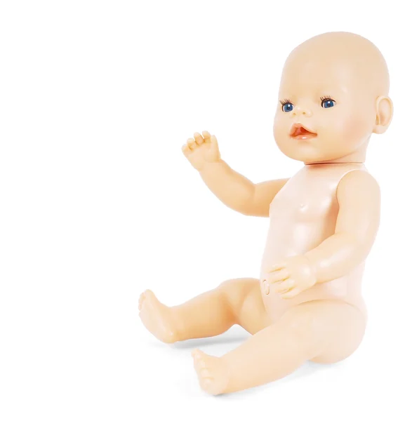 Little naked girl baby doll with blue eyes waving towards white Stock Picture