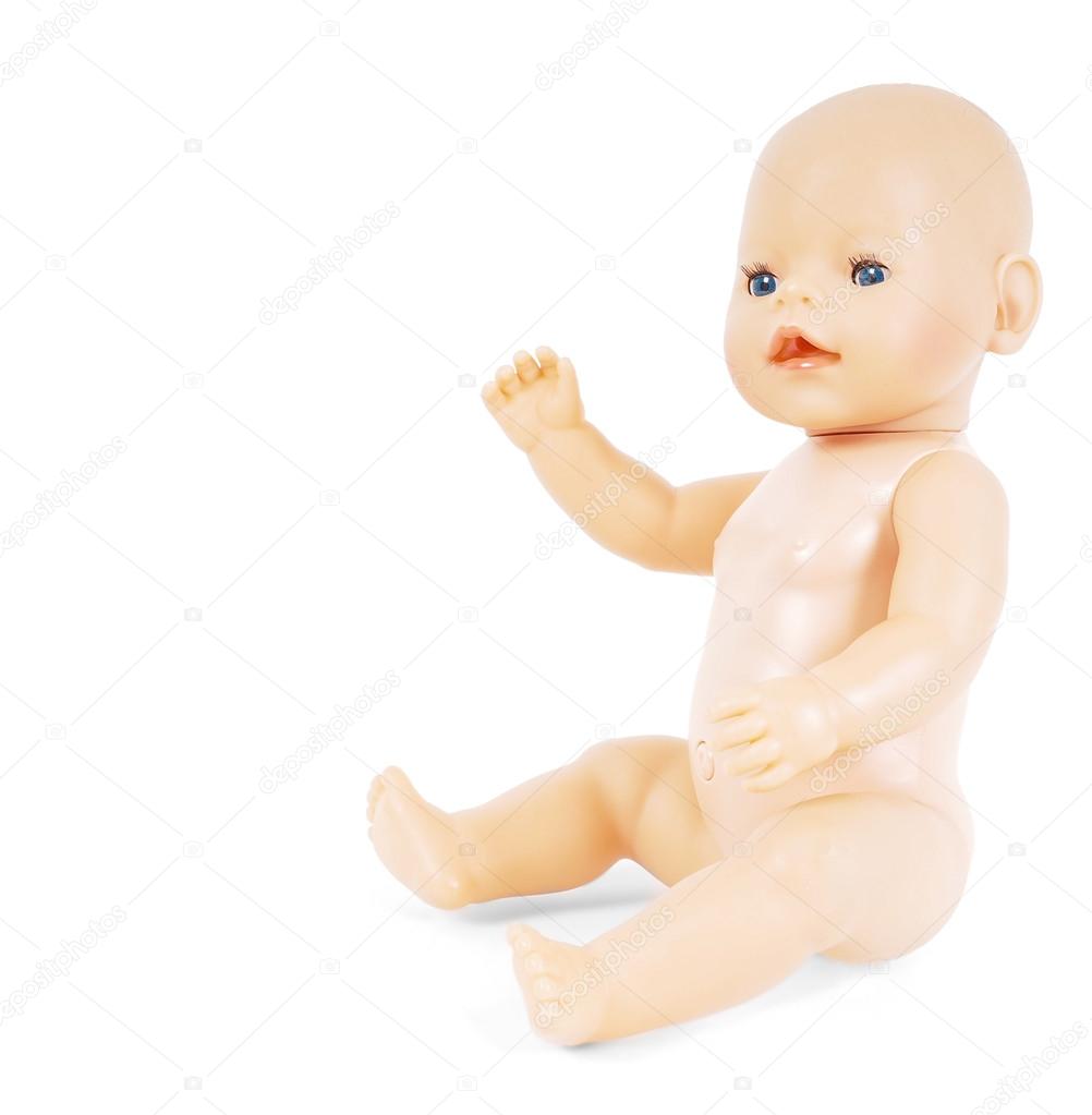 Little naked girl baby doll with blue eyes waving towards white