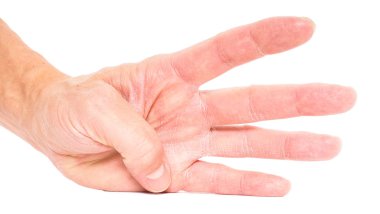 Dört parmak üzerinde beyaz izole gösterilen kişi