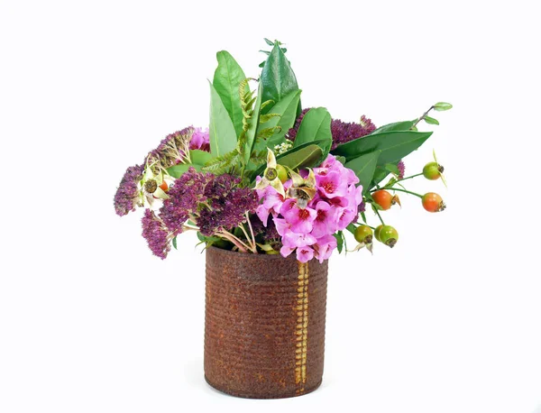 Bukett Blommor Höst Perenna Blommor Rostfritt Stål Behållare — Stockfoto