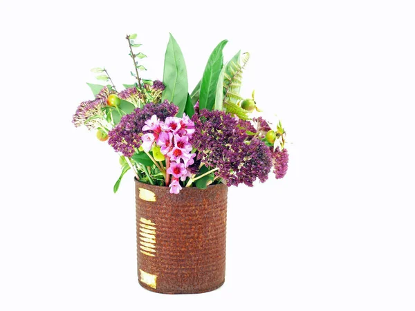 Boeket Bloemen Herfstbloesems Roestvrijstalen Container — Stockfoto