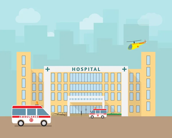 City hospital building with ambulance and helicopter — Stock Vector