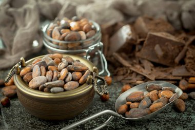 Eskimiş arka planda koyu çikolata ve kakao çekirdeği parçaları.