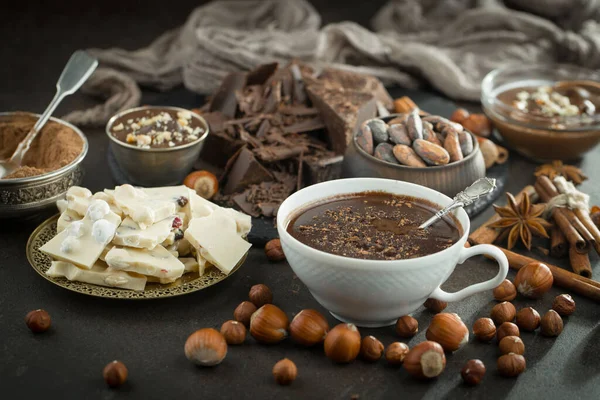 Dark Chocolate Composition Cocoa Beans Nuts Old Background — Stock Photo, Image