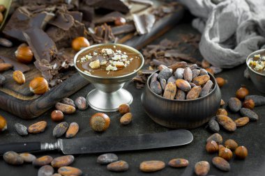Eskimiş bir arka planda kakao çekirdeği ve fındıklı siyah çikolata..