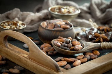 Eskimiş bir arka planda kakao çekirdeği ve fındıklı siyah çikolata..