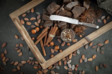 Kakao çekirdeğinin arka planında koyu çikolata ve mutfak malzemeleri.