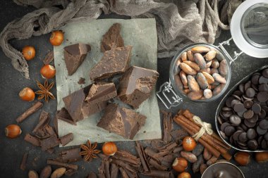 Kakao çekirdeğinin arka planında koyu çikolata ve mutfak malzemeleri.