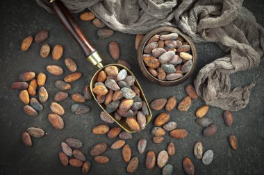 Kakao çekirdeğinin arka planında koyu çikolata ve mutfak malzemeleri.