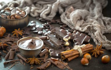 Cocoa beans on old background