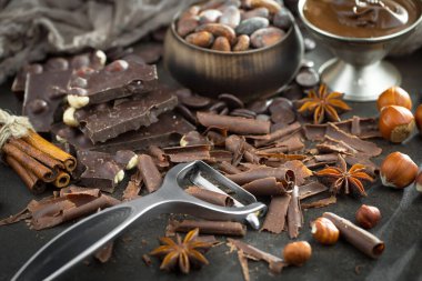 Cocoa beans on old background