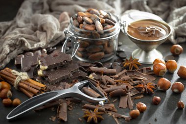 Cocoa beans on old background