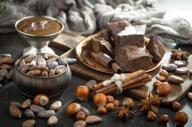 Cocoa beans on old background