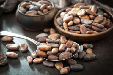 Cocoa beans on old background