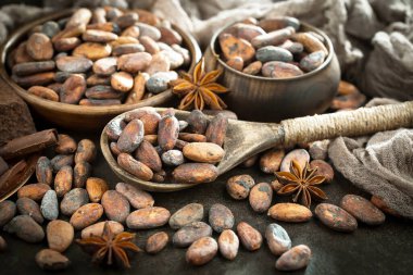 Cocoa beans on old background