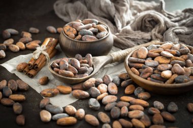 Cocoa beans on old background