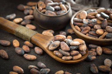 Cocoa beans on old background