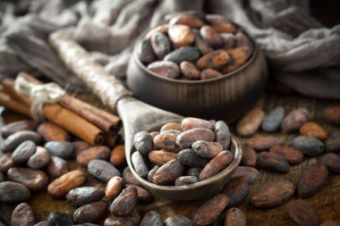 Cocoa beans on old background
