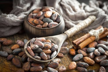 Cocoa beans on old background