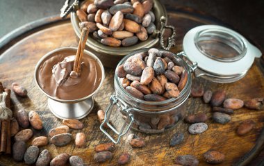 Cocoa beans on old background