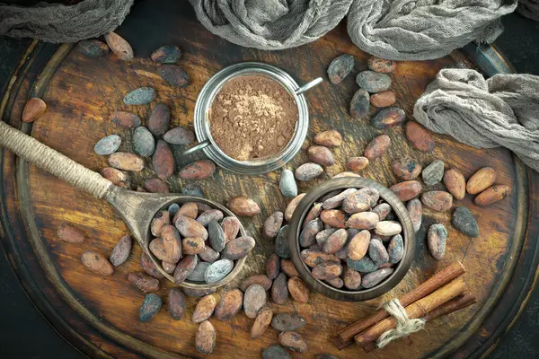 Cioccolato Fondente Sullo Sfondo Fagioli Cacao Oggetti Cucina — Foto Stock