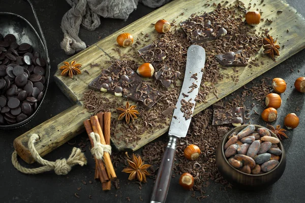 Cocoa beans on old background