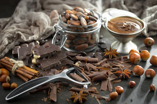 Cocoa beans on old background