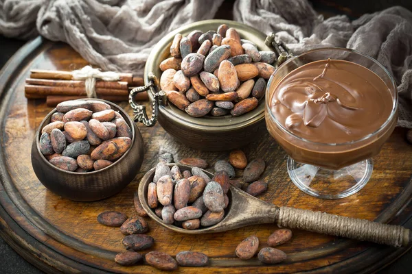 Cocoa beans on old background
