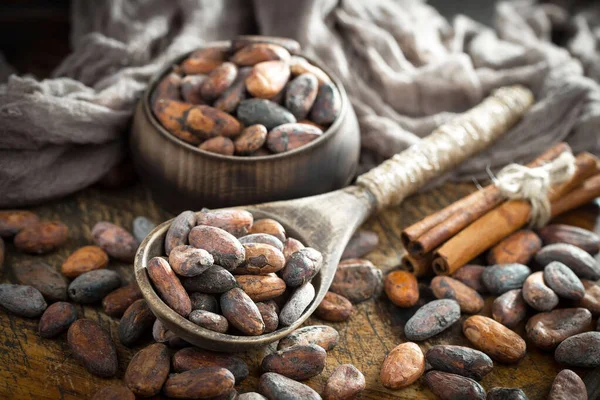 Cocoa beans on old background