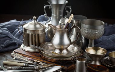 Eski bir arkaplanda gümüş eşyalar.