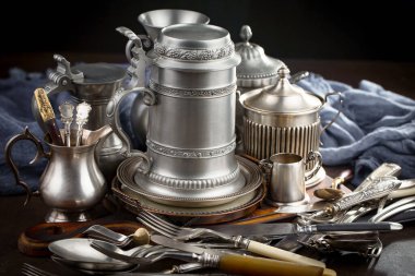 Eski bir arkaplanda gümüş eşyalar.