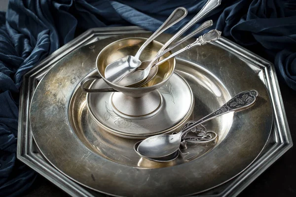 Silver Dishes Old Background — Stock Photo, Image