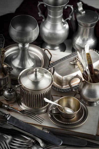 Silver Dishes Old Background — Stock Photo, Image