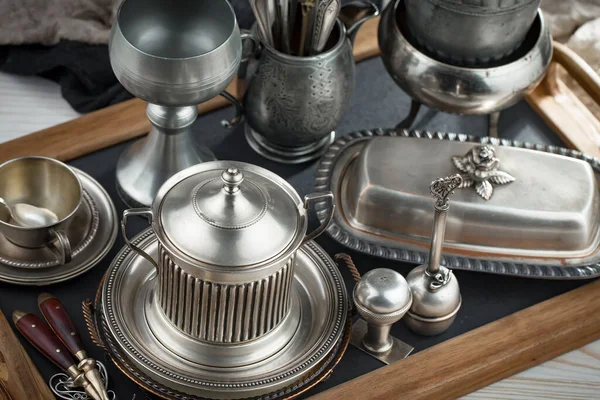 Silver Dishes Old Background — Stock Photo, Image