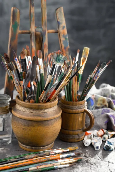 Brushes Paints Painting Old Background — Stock Photo, Image