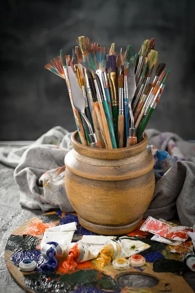 Brushes Paints Painting Old Background — Stock Photo, Image