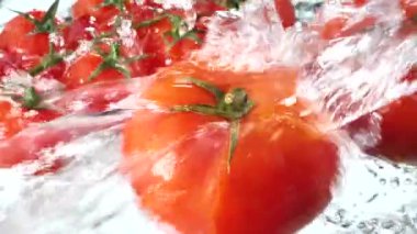 Kırmızı domatesler yavaşça büyük bir su akıntısıyla yıkanır.