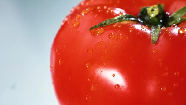 水滴缓缓滴在成熟的红色西红柿上 — 图库视频影像