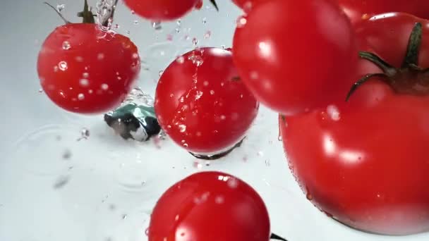 红色的西红柿慢慢地掉进一盘水里 — 图库视频影像