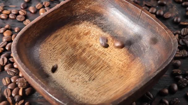 Roasted Coffee Beans Slowly Falling Plate — Stock Video