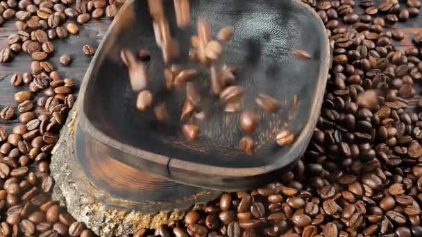 Pečená Kávová Zrna Pomalu Padají Talíře — Stock video