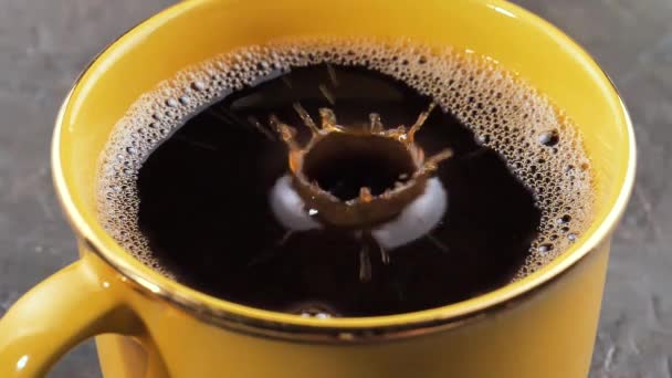 Una Goccia Cade Lentamente Nel Caffè Una Tazza — Video Stock