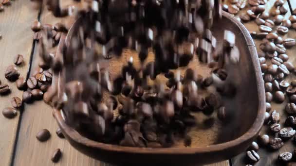 Roasted Coffee Beans Slowly Falling Plate — Stock Video