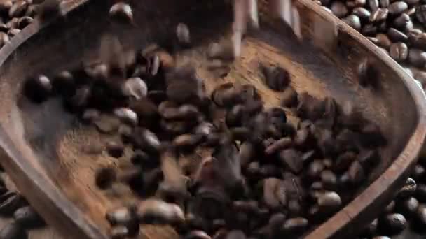 Жареные Кофейные Зерна Медленно Падают Тарелку — стоковое видео