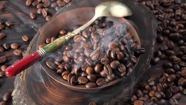 Roasted Coffee Beans Slowly Smoking Plate — Stock Video