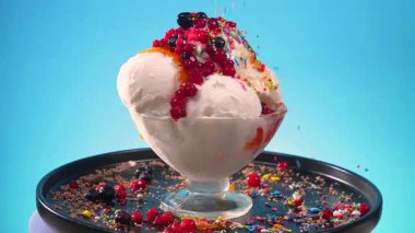 Bir bardakta vanilyalı dondurma, şekerle serpilmiş, parlak renkli bir arka planda yavaşça dönüyor..