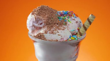 Bir cam kasede vanilyalı dondurma, çikolata serpilmiş ve şurup serpiştirilmiş, parlak renkli bir arka planda yavaşça dönüyor..