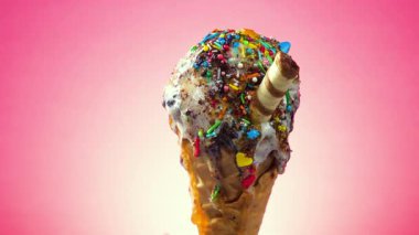 Parlak renkli arka planda waffle külahında dondurma, kendi ekseni etrafında yavaşça döner, erir ve aşağı damlar.